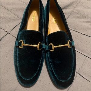 J. Crew Green Velvet Loafers with Gold Detail